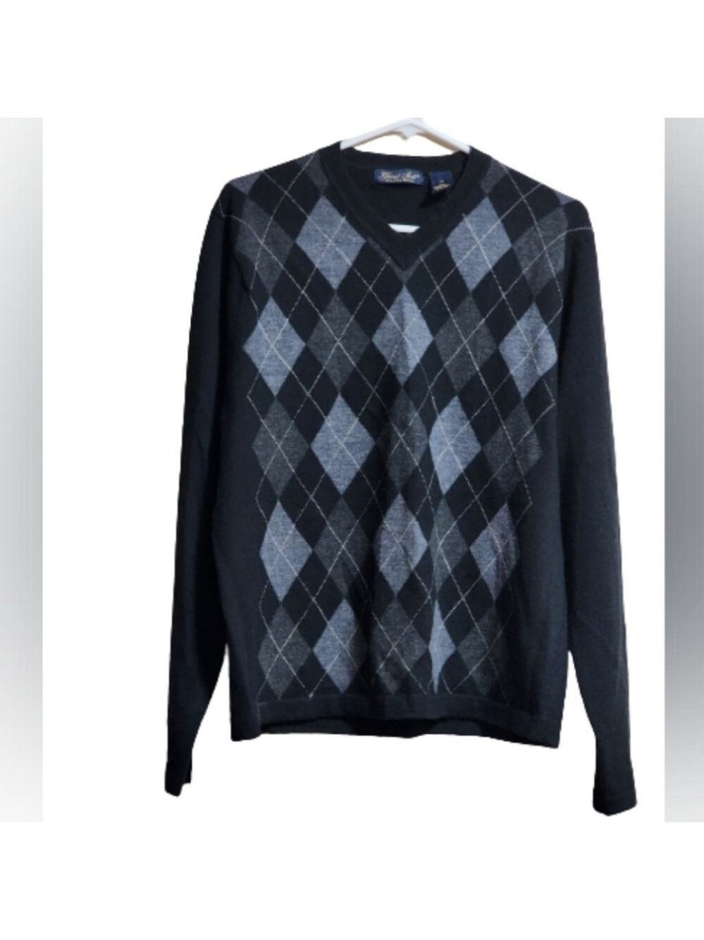 Garret Scott v neck patterned sweater 200% merino wool black grey size medium